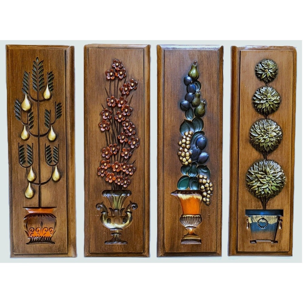 4 Burwood Topiary '61 MCM Wall Hanging Panels Floral Fruit Tree 6 x 20" RARE SET